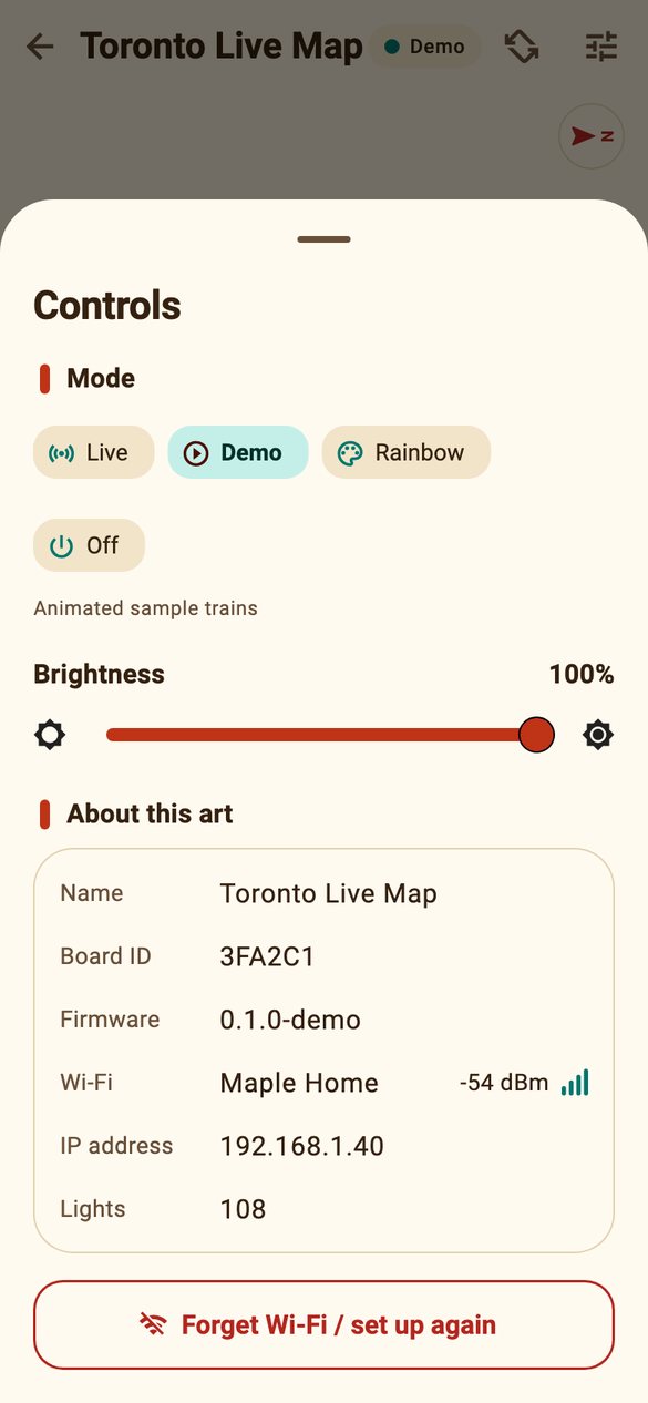 App controls: mode buttons and a brightness slider