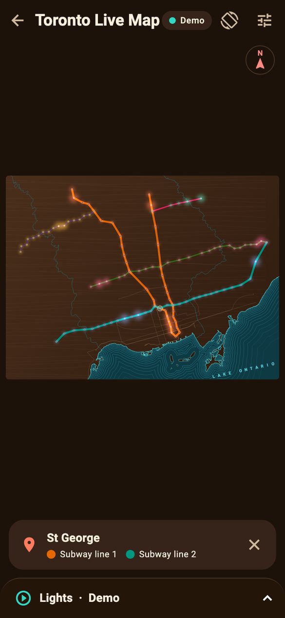 App screen showing the map of Toronto with the subway lines and a selected station